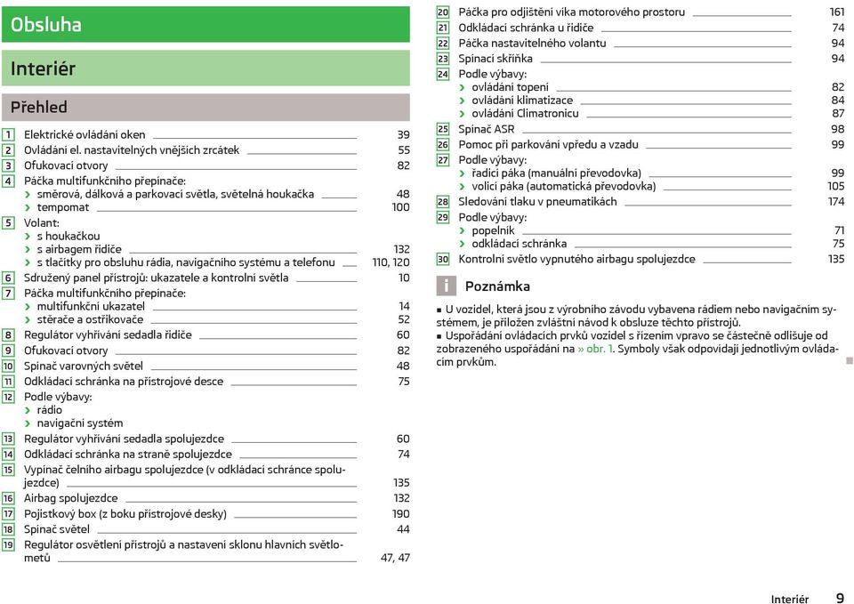 s tlačítky pro obsluhu rádia, navigačního systému a telefonu 110, 120 Sdružený panel přístrojů: ukazatele a kontrolní světla 10 Páčka multifunkčního přepínače: multifunkční ukazatel 14 stěrače a