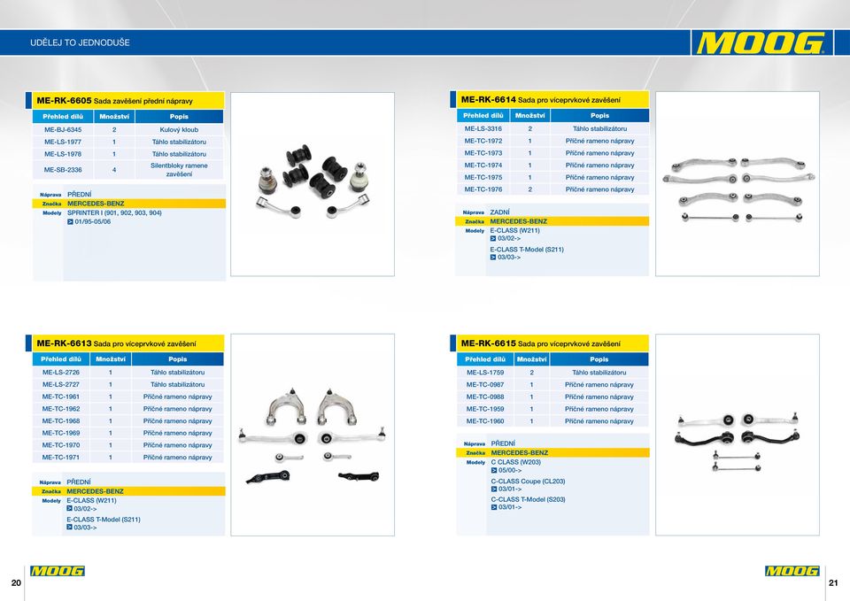SPRINTER I (901, 902, 903, 904) 01/95-05/06 ME-TC-1976 2 Příčné rameno nápravy E-CLASS (W211) 03/02-> E-CLASS T-Model (S211) 03/03-> ME-RK-6613 Sada pro víceprvkové zavěšení ME-LS-2726 1 Táhlo