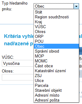 Při aktivaci tohoto ovládacího prvku se objeví seznam typů prvků, kde je moţné zvolit, jaký typ prvku se hledá. 5.6.1.2.