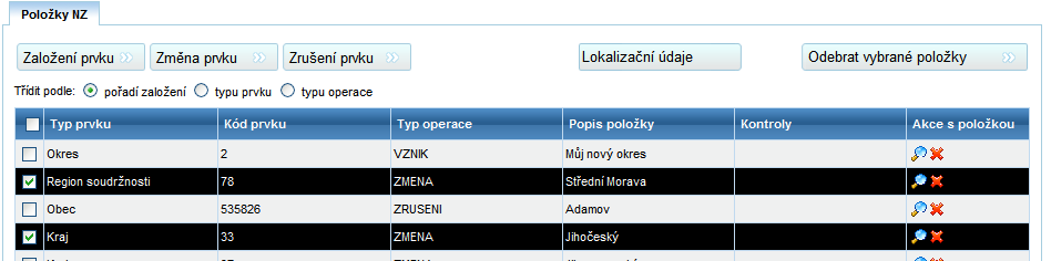 5.7.10.4. Třídění seznamu seznam setříděn. Určuje, podle jakého kritéria bude zobrazený 5.7.10.5. Lokalizační údaje zařazené v návrhu změny. 5.7.10.6.