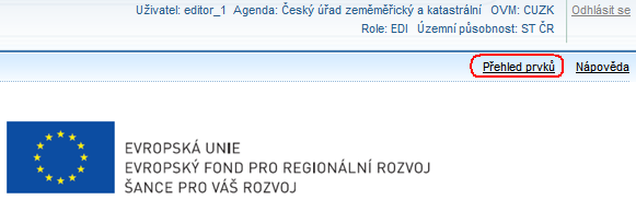 Postup ukáţeme tak, ţe nejprve najdeme obec, v ní náměstí a na prvním náměstí všechna adresní místa. 1. Do vyhledávání prvků se dostanete klepnutím na Přehled prvků. 2.