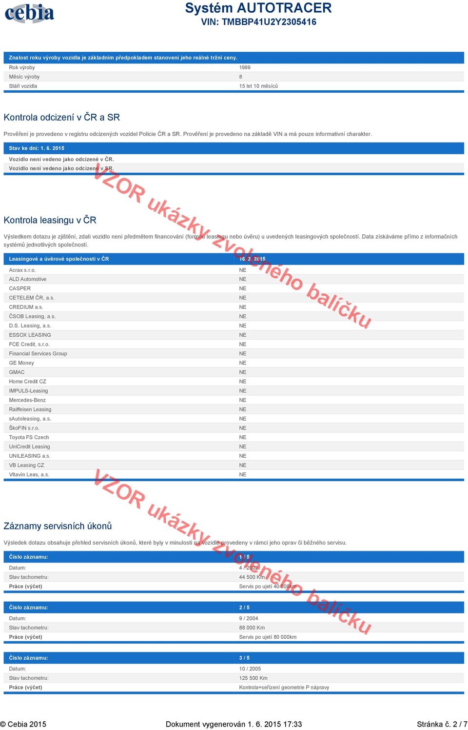 Prověření je provedeno na základě VIN a má pouze informativní charakter. Stav ke dni: 1. 6. 2015 Vozidlo není vedeno jako odcizené v ČR. Vozidlo není vedeno jako odcizené v SR.