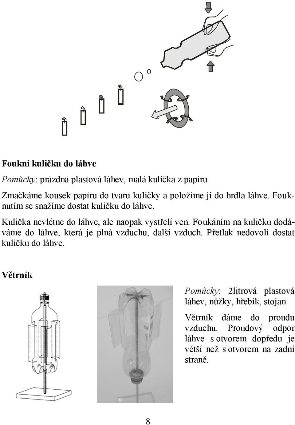 Foukáním na kuličku dodáváme do láhve, která je plná vzduchu, další vzduch. Přetlak nedovolí dostat kuličku do láhve.