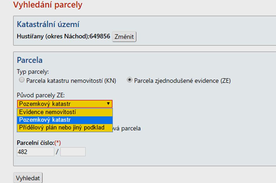 3.2 Vyhledávání parcel zjednodušené evidence Může se stát, že parcela je evidována v tzv. PZE = parcela zjednodušené evidence.