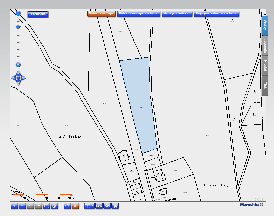 3.3 Zobrazení mapy parcely po kliknutí v kartě pozemku na mapu, se zobrazí takováto mapa - zobrazuje poměr zmenšení mapa parcely - zde si zvolím typ mapy - katastrální mapa zobrazí se půdorysy parcel