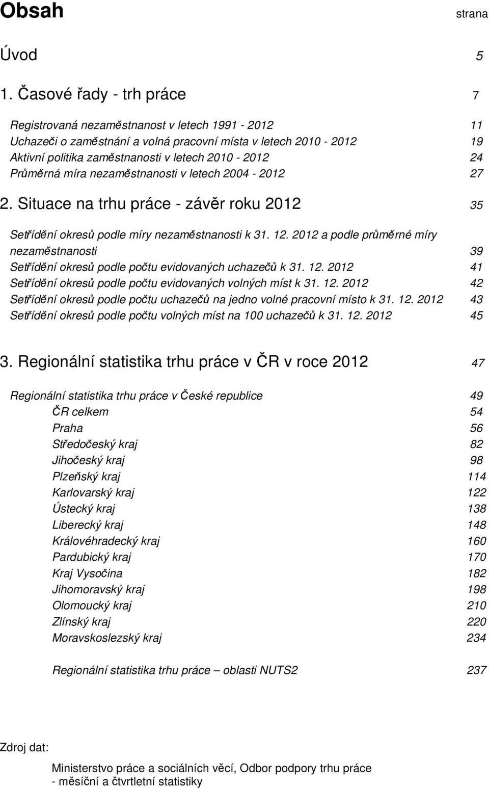 nezaměstnosti v letech 24-212 27 2. Situace trhu práce - závěr roku 212 35 Setřídění okresů podle míry nezaměstnosti k 31. 12.