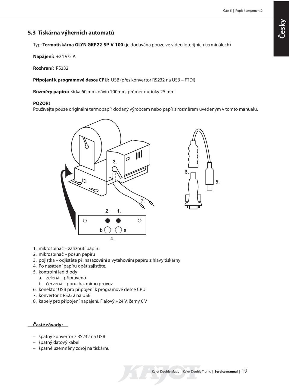 (přes konvertor RS232 na USB FTDI) Rozměry papíru: šířka 60 mm, návin 100mm, průměr dutinky 25 mm POZOR!