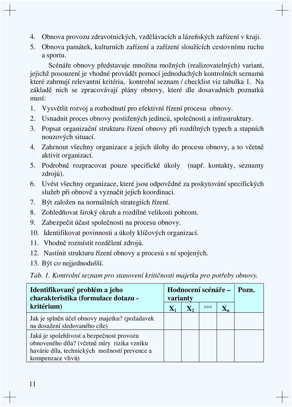 seznam / checklist viz tabulka 1. Na základě nich se zpracovávají plány obnovy, které dle dosavadních poznatků musí: 1. Vysvětlit rozvoj a rozhodnutí pro efektivní řízení procesu obnovy. 2.