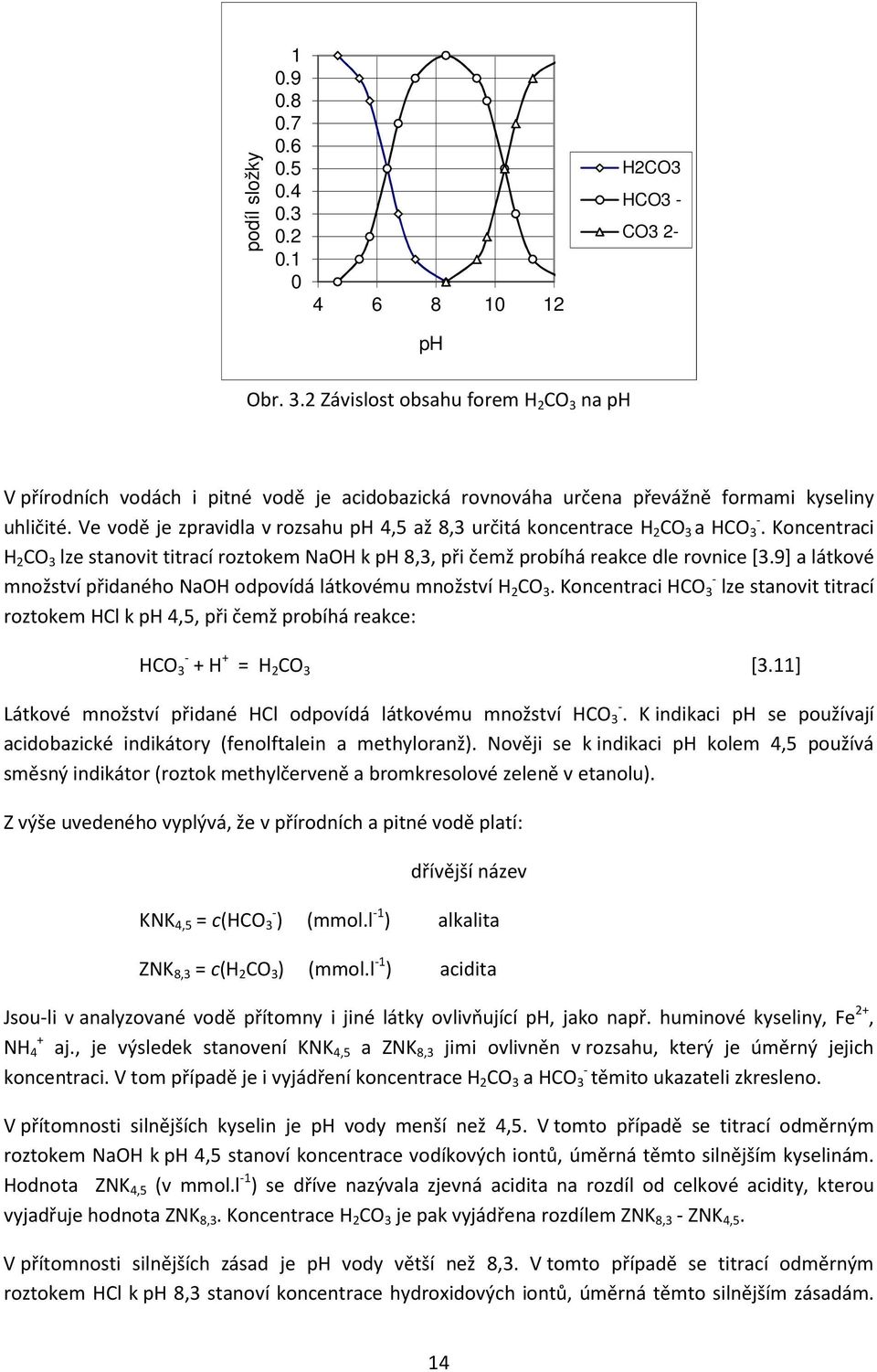 Ve vodě je zpravidla v rozsahu ph 4,5 až 8,3 určitá koncentrace H 2 CO 3 a HCO 3 -. Koncentraci H 2 CO 3 lze stanovit titrací roztokem NaOH k ph 8,3, při čemž probíhá reakce dle rovnice [3.