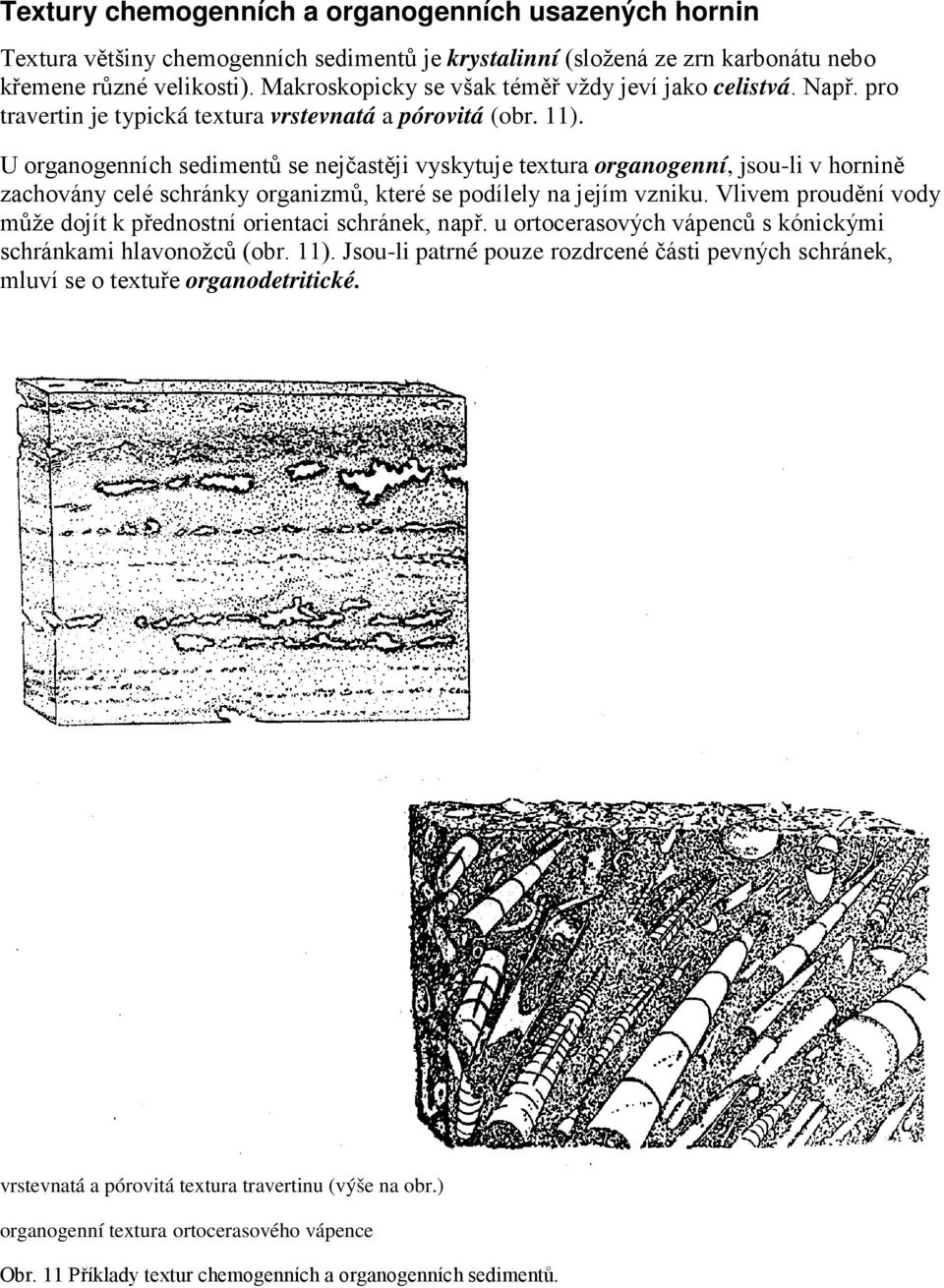 U organogenních sedimentů se nejčastěji vyskytuje textura organogenní, jsou-li v hornině zachovány celé schránky organizmů, které se podílely na jejím vzniku.