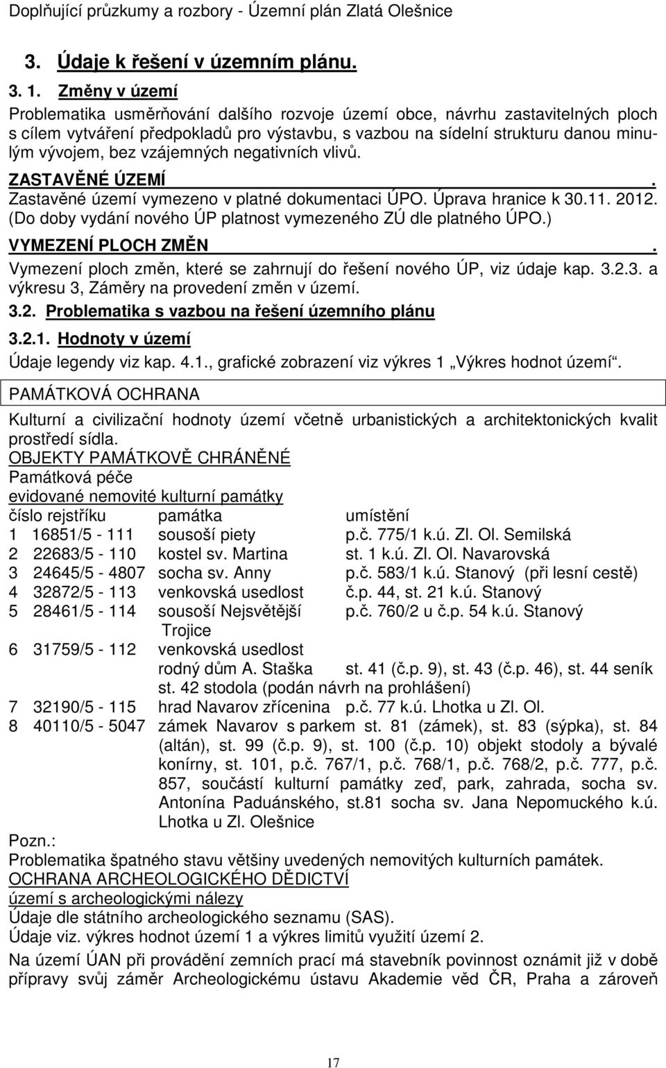 vzájemných negativních vlivů. ZASTAVĚNÉ ÚZEMÍ. Zastavěné území vymezeno v platné dokumentaci ÚPO. Úprava hranice k 30.11. 2012. (Do doby vydání nového ÚP platnost vymezeného ZÚ dle platného ÚPO.