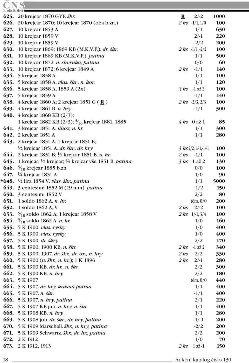 skvrnka, patina 0/0 60 633. 10 krejcar 1872; 6 krejcar 1849 A 2 ks -1/1 140 634. 5 krejcar 1858 A 1/1 100 635. 5 krejcar 1858 A. vlas. škr., n. kor. 1/1 120 636.