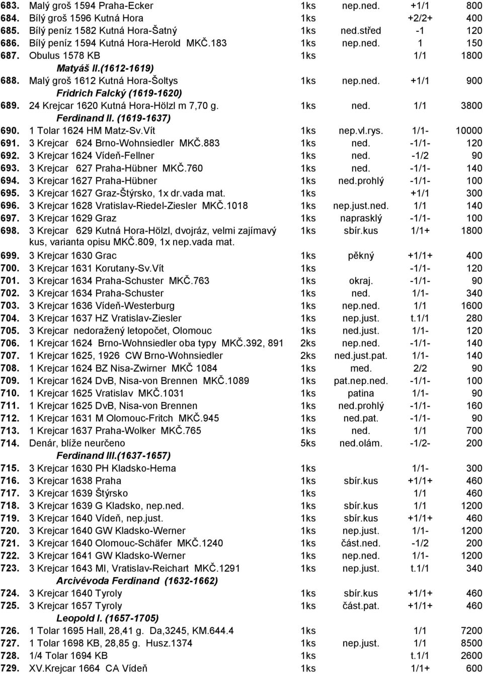 24 Krejcar 1620 Kutná Hora-Hölzl m 7,70 g. 1ks ned. 1/1 3800 Ferdinand II. (1619-1637) 690. 1 Tolar 1624 HM Matz-Sv.Vít 1ks nep.vl.rys. 1/1-10000 691. 3 Krejcar 624 Brno-Wohnsiedler MKČ.883 1ks ned.