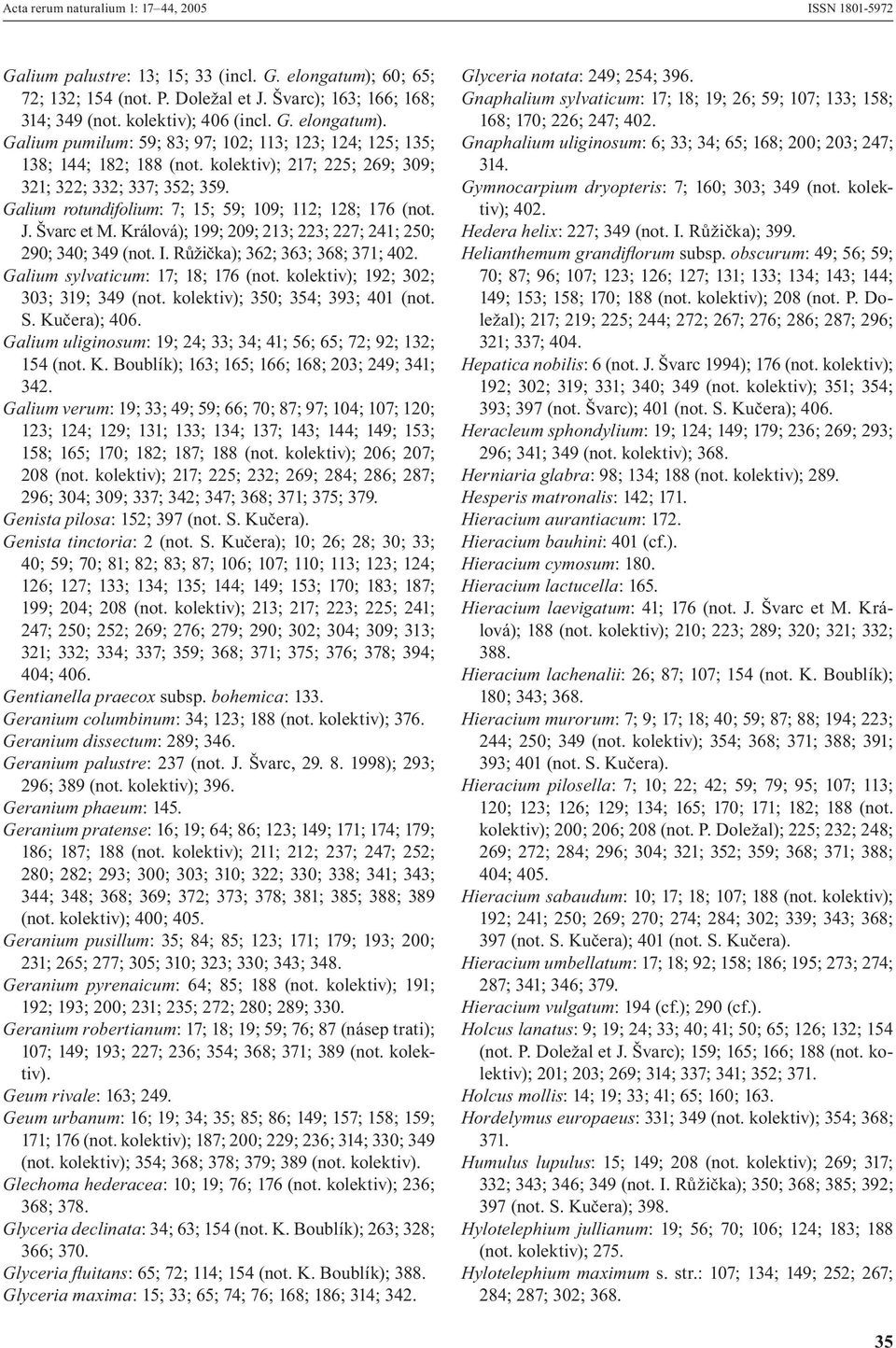 Galium rotundifolium: 7; 15; 59; 109; 112; 128; 176 (not. J. Švarc et M. Králová); 199; 209; 213; 223; 227; 241; 250; 290; 340; 349 (not. I. Růžička); 362; 363; 368; 371; 402.