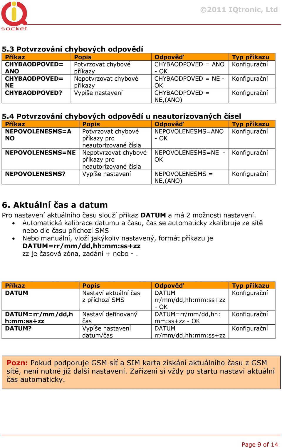 4 Potvrzování chybových odpovědí u neautorizovaných čísel Příkaz Popis Odpověď Typ příkazu NEPOVOLENESMS=A NO Potvrzovat chybové příkazy pro neautorizované čísla NEPOVOLENESMS=ANO - OK