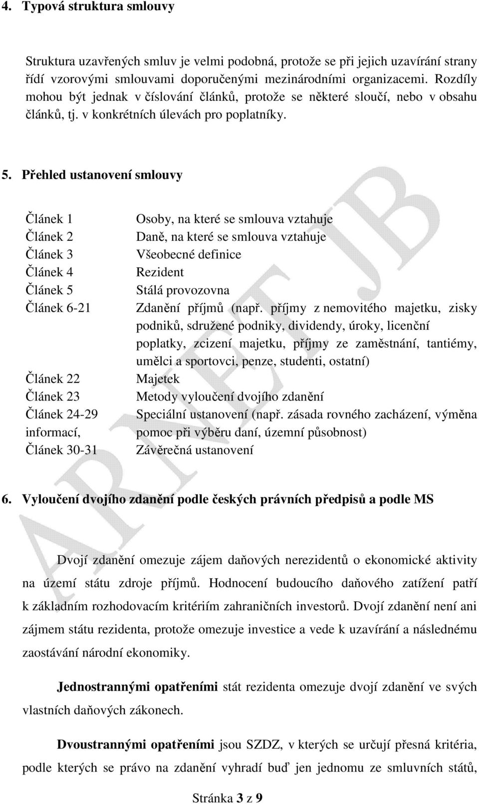 Přehled ustanovení smlouvy Článek 1 Článek 2 Článek 3 Článek 4 Článek 5 Článek 6-21 Článek 22 Článek 23 Článek 24-29 informací, Článek 30-31 Osoby, na které se smlouva vztahuje Daně, na které se