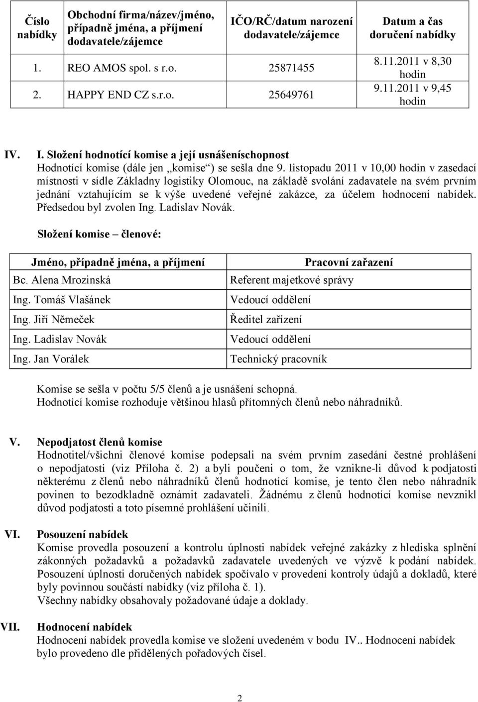 listopadu 2011 v 10,00 hodin v zasedací místnosti v sídle Základny logistiky Olomouc, na základě svolání zadavatele na svém prvním jednání vztahujícím se k výše uvedené veřejné zakázce, za účelem