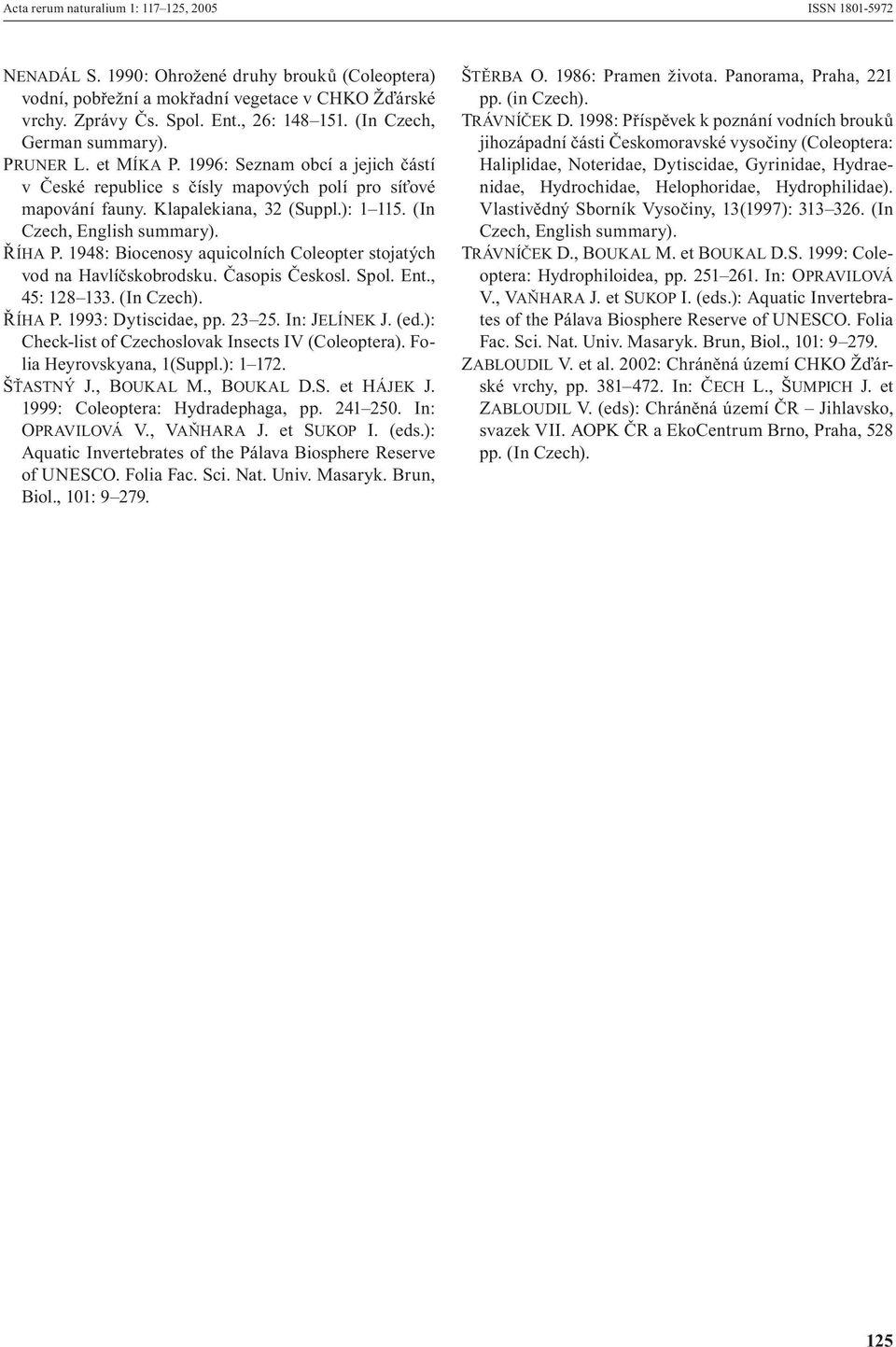1948: Biocenosy aquicolních Coleopter stojatých vod na Havlíčskobrodsku. Časopis Českosl. Spol. Ent., 45: 128 133. (In Czech). ŘÍHA P. 1993: Dytiscidae, pp. 23 25. In: JELÍNEK J. (ed.