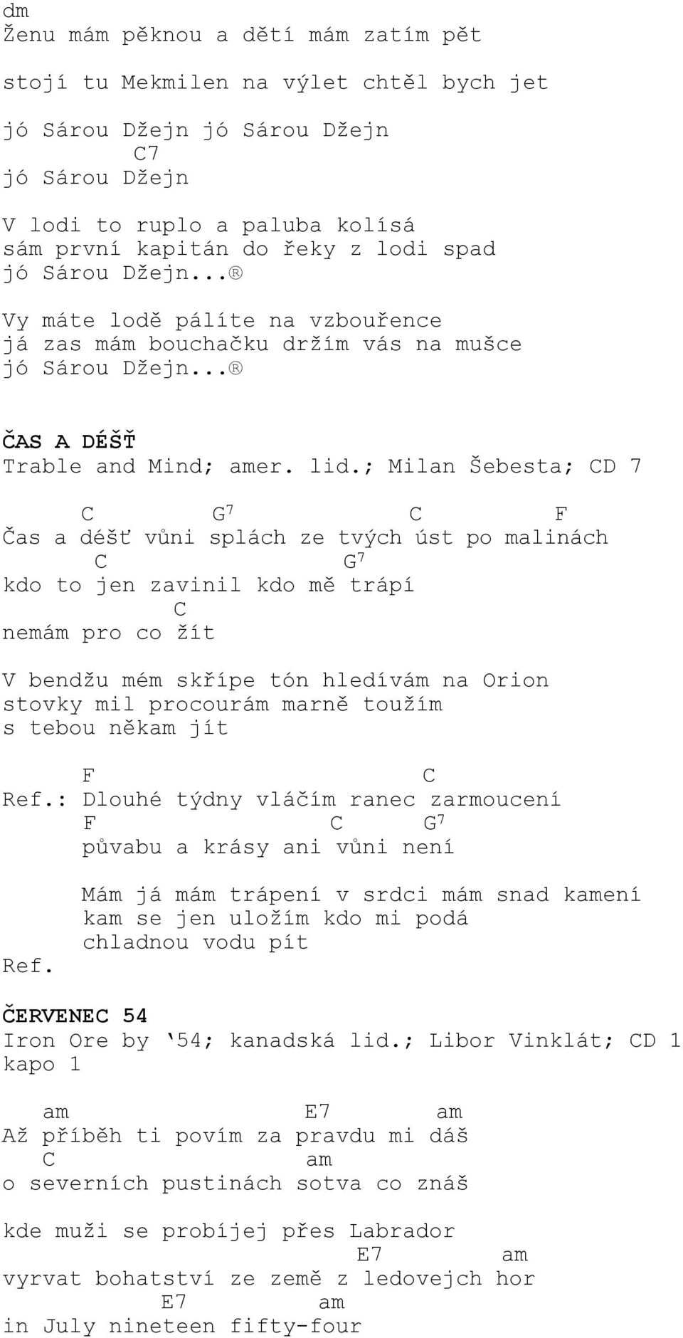 ; Milan Šebesta; 7 7 Čas a déšť vůni splách ze tvých úst po malinách 7 kdo to jen zavinil kdo mě trápí nemám pro co žít V bendžu mém skřípe tón hledívám na Orion stovky mil procourám marně toužím s