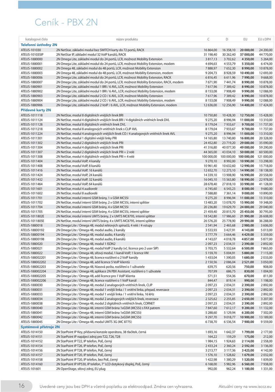 817,13 3 702,62 4 350,00 5 264,00 ATEUS-1880001 2N Omega Lite, základní modul do 24 portů, LCR, možnost Mobility Extension, modem 4 694,63 4 553,79 5 350,00 6 474,00 ATEUS-1880002 2N Omega 48,