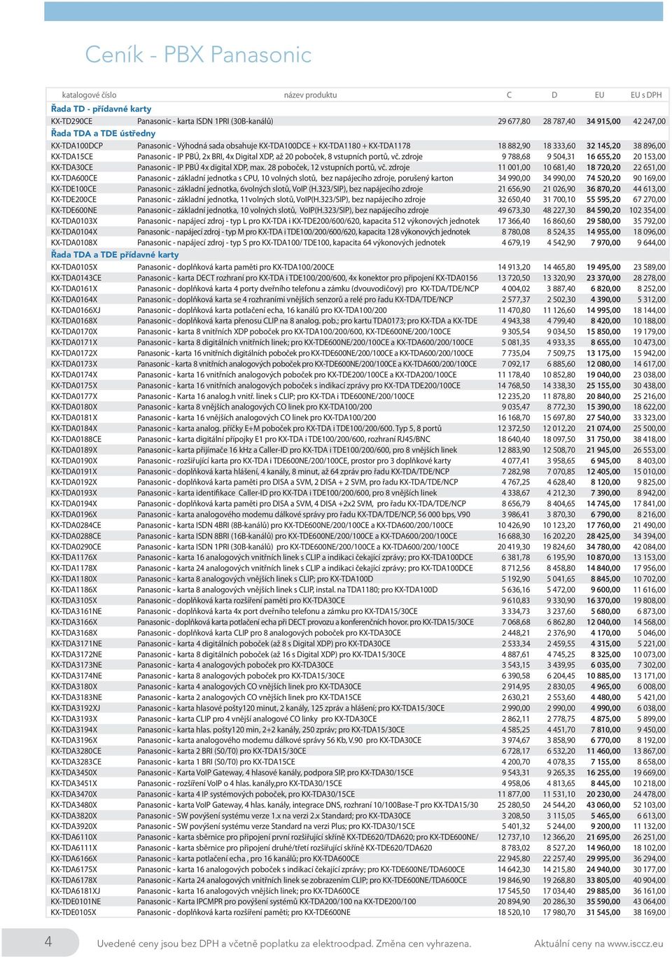 poboček, 8 vstupních portů, vč. zdroje 9 788,68 9 504,31 16 655,20 20 153,00 KX-TDA30CE Panasonic - IP PBÚ 4x digital XDP, max. 28 poboček, 12 vstupních portů, vč.
