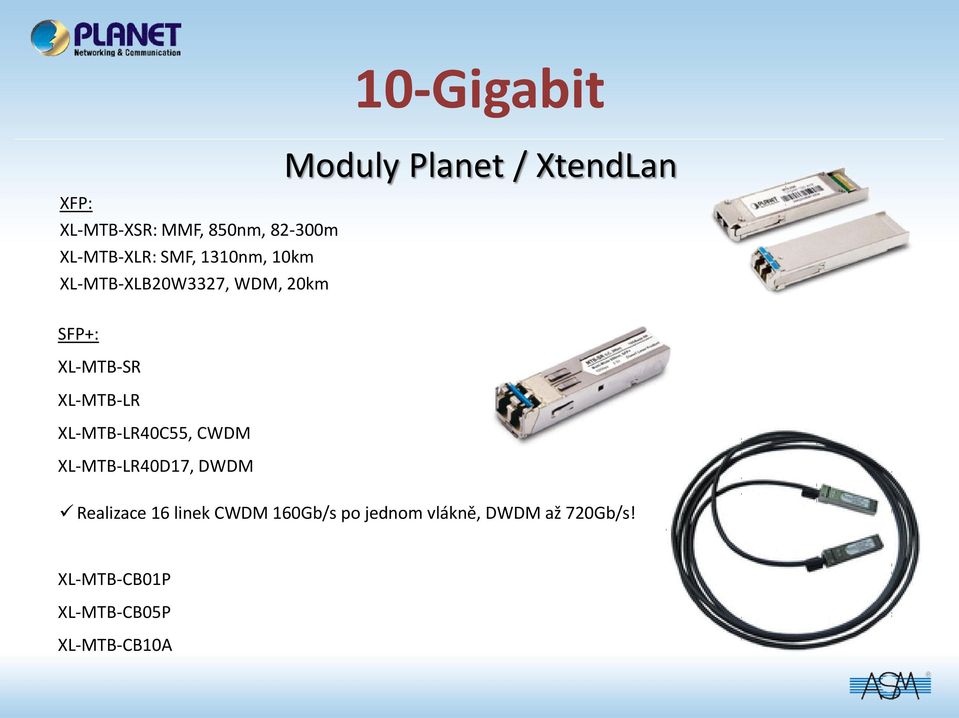 XL-MTB-SR XL-MTB-LR XL-MTB-LR40C55, CWDM XL-MTB-LR40D17, DWDM Realizace 16