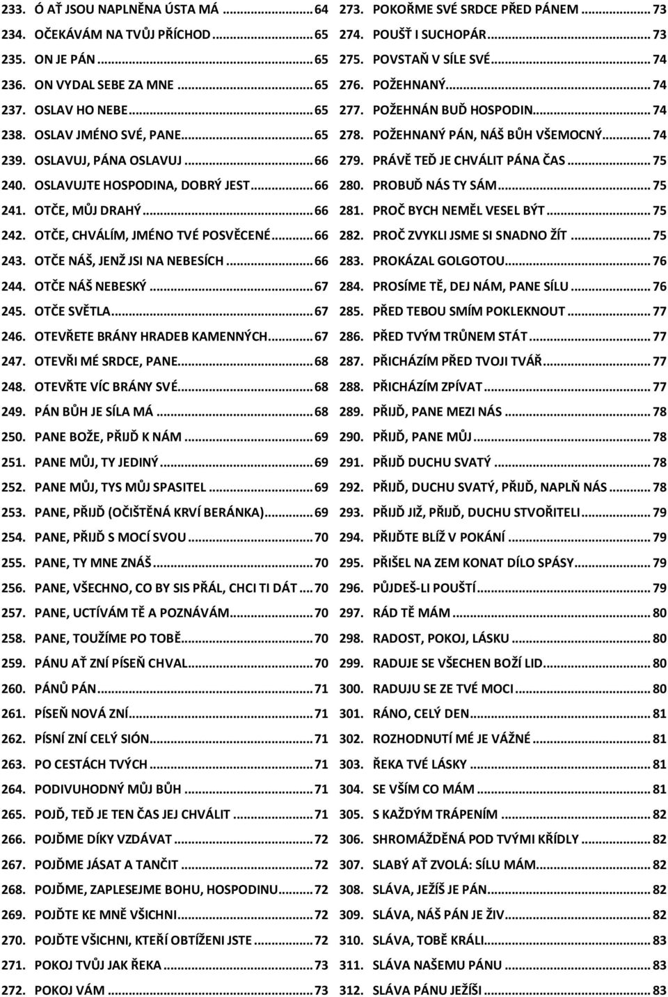 PRÁVĚ TĎ J HVÁLIT PÁN ČS... 75 240. OSLVUJT HOSPOIN, OBRÝ JST... 66 280. PROBUĎ NÁS TY SÁM... 75 241. OTČ, MŮJ RHÝ... 66 281. PROČ BYH NMĚL VSL BÝT... 75 242. OTČ, HVÁLÍM, JMÉNO TVÉ POSVĚNÉ... 66 282.