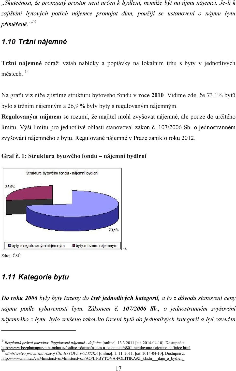 Vidíme zde, ţe 73,1% bytů bylo s trţním nájemným a 26,9 % byly byty s regulovaným nájemným. Regulovaným nájmem se rozumí, ţe majitel mohl zvyšovat nájemné, ale pouze do určitého limitu.