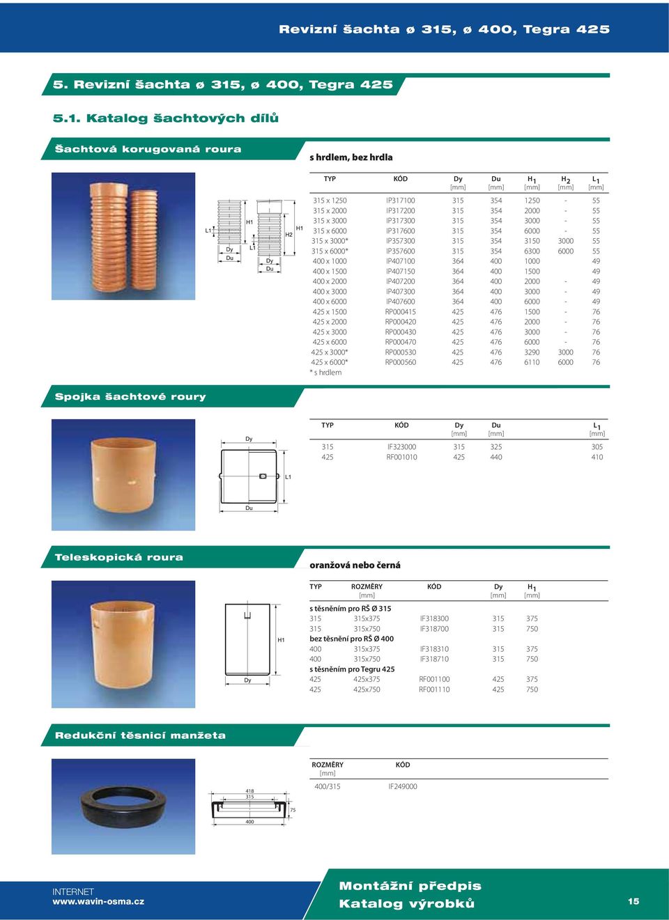 Katalog achtov ch dílû achtová korugovaná roura s hrdlem, bez hrdla TYP KÓD Dy Du H 1 H 2 L 1 [mm] [mm] [mm] [mm] [mm] 315 x 1250 IP317100 315 354 1250-55 315 x 2000 IP317200 315 354 2000-55 315 x