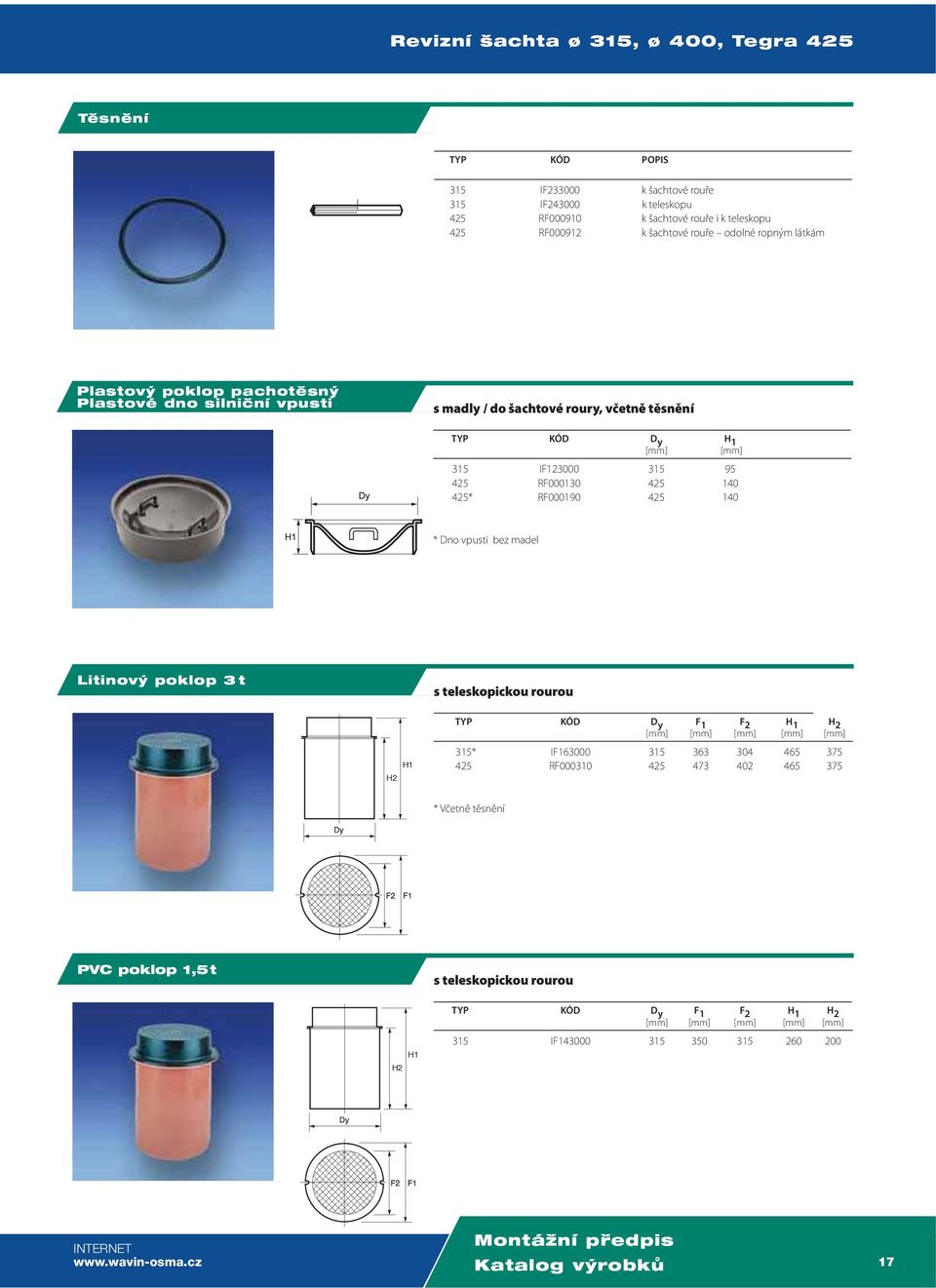 140 * Dno vpusti bez madel Litinov poklop 3 t s teleskopickou rourou TYP KÓD D y F 1 F 2 H 1 H 2 [mm] [mm] [mm] [mm] [mm] 315* IF163000 315 363 304 465 375 425 RF000310 425 473 402 465 375 *