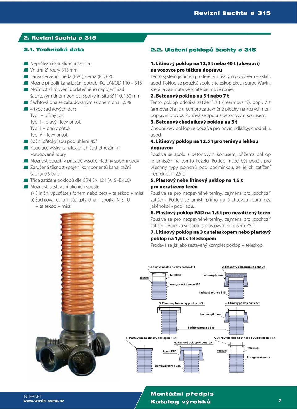 Technická data Neprůlezná kanalizační šachta Vnitřní roury 315 mm Barva červenohnědá (PVC), černá (PE, PP) Možné připojit kanalizační potrubí KG DN/OD 110 315 Možnost zhotovení dodatečného napojení