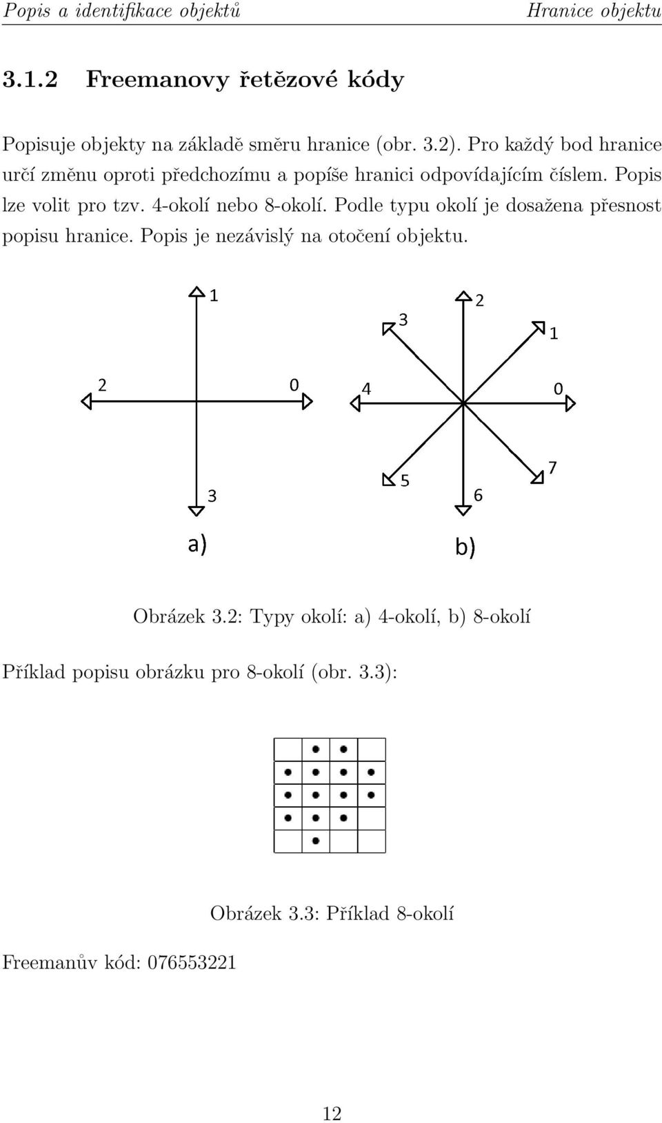 4-okolí nebo 8-okolí. Podle typu okolí je dosažena přesnost popisu hranice. Popis je nezávislý na otočení objektu. Obrázek 3.