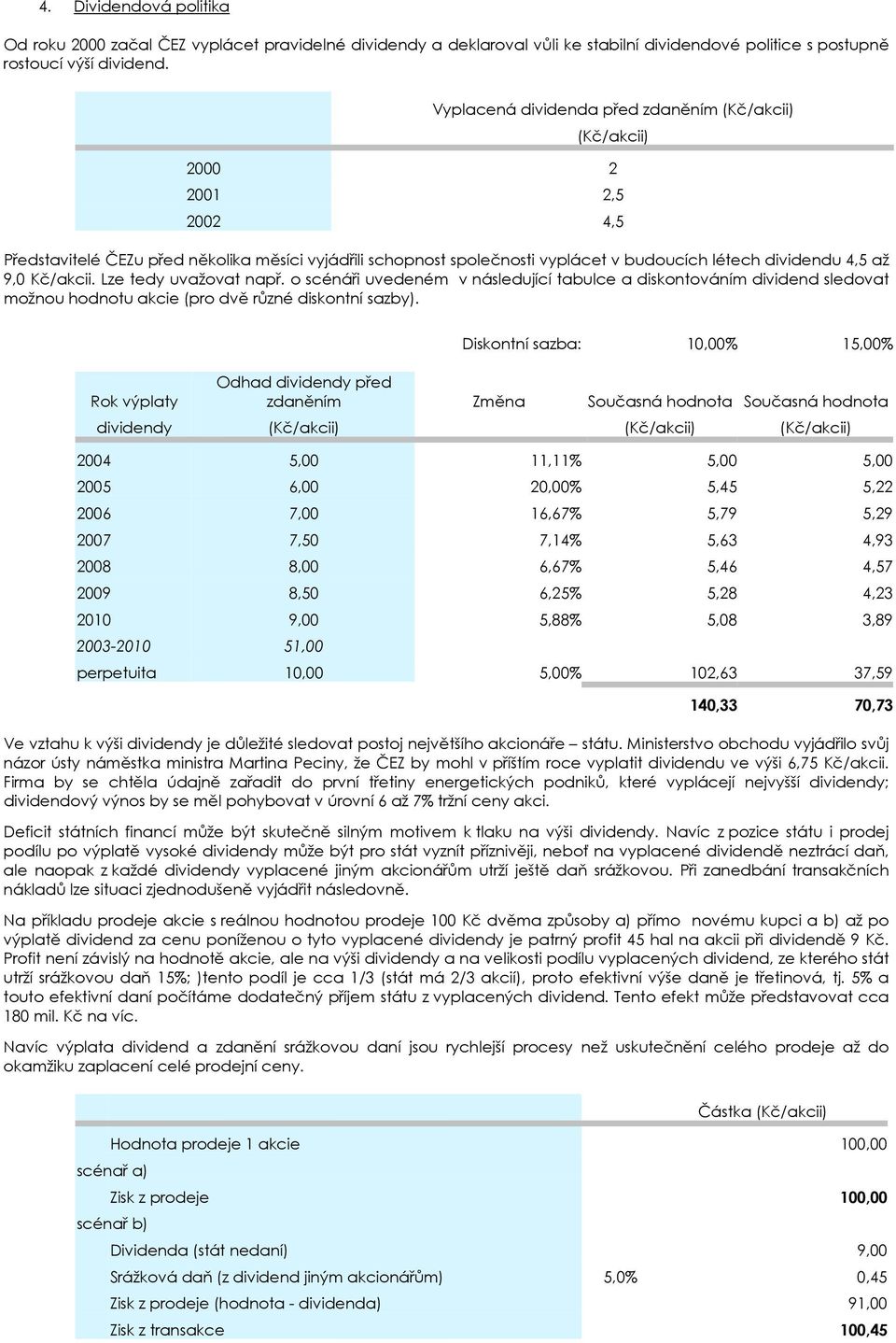 9,0 Kč/akcii. Lze tedy uvažovat např. o scénáři uvedeném v následující tabulce a diskontováním dividend sledovat možnou hodnotu akcie (pro dvě různé diskontní sazby).