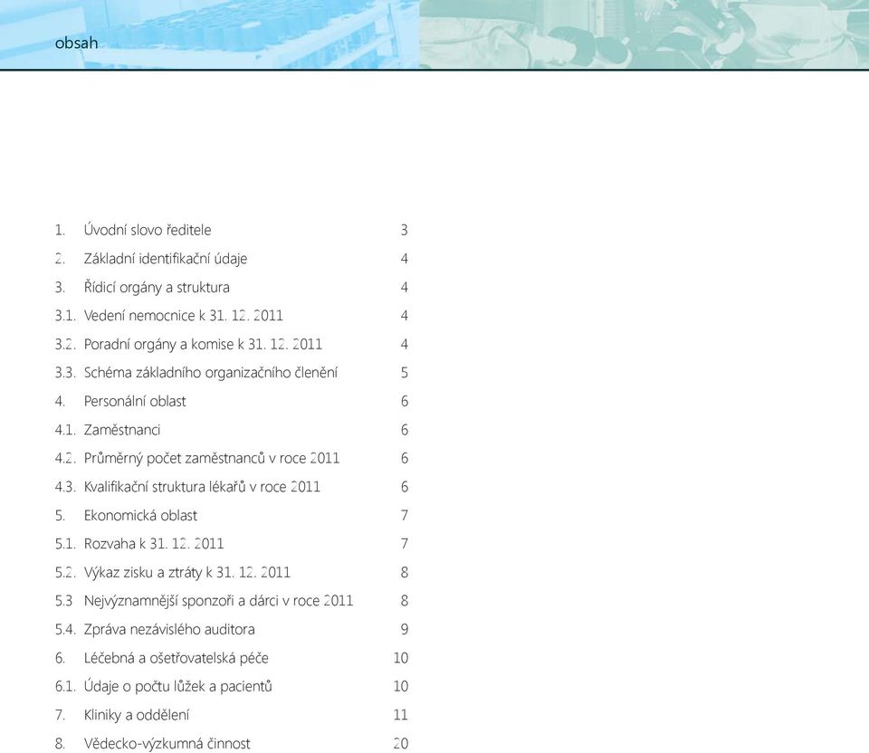 Ekonomická oblast 7 5.1. Rozvaha k 31. 12. 2011 7 5.2. Výkaz zisku a ztráty k 31. 12. 2011 8 5.3 Nejvýznamnější sponzoři a dárci v roce 2011 8 5.4.