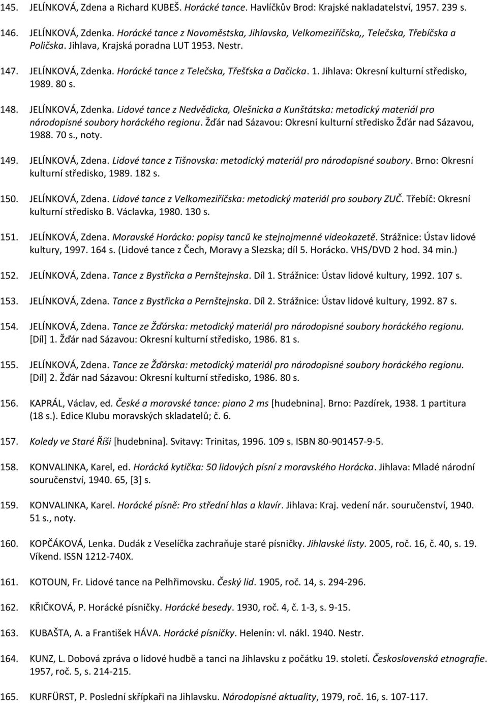 Horácké tance z Telečska, Třešťska a Dačicka. 1. Jihlava: Okresní kulturní středisko, 1989. 80 s. 148. JELÍNKOVÁ, Zdenka.