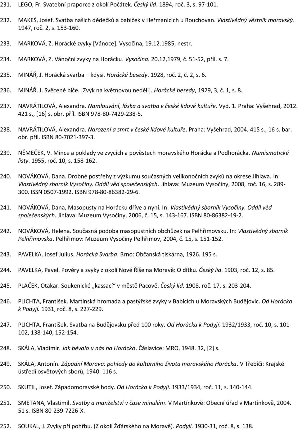 Horácká svarba kdysi. Horácké besedy. 1928, roč. 2, č. 2, s. 6. 236. MINÁŘ, J. Svěcené biče. [Zvyk na květnovou neděli]. Horácké besedy, 1929, 3, č. 1, s. 8. 237. NAVRÁTILOVÁ, Alexandra.