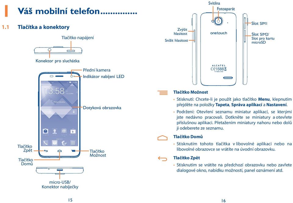 Tlačítko Zpět Tlačítko Domů Dotyková obrazovka Tlačítko Možnost Tlačítko Možnost Stisknutí: Chcete-li je použít jako tlačítko Menu, klepnutím přejděte na položky Tapeta, Správa aplikací a Nastavení.