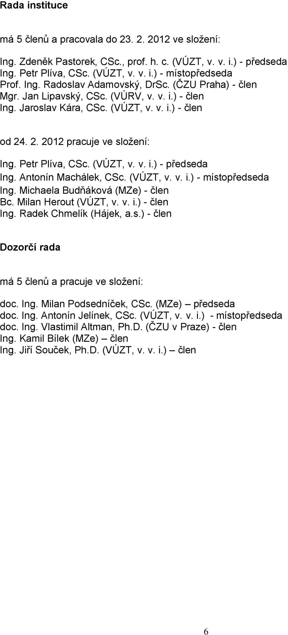 Antonín Machálek, CSc. (VÚZT, v. v. i.) - místopředseda Ing. Michaela Budňáková (MZe) - člen Bc. Milan Herout (VÚZT, v. v. i.) - člen Ing. Radek Chmelík (Hájek, a.s.) - člen Dozorčí rada má 5 členů a pracuje ve složení: doc.