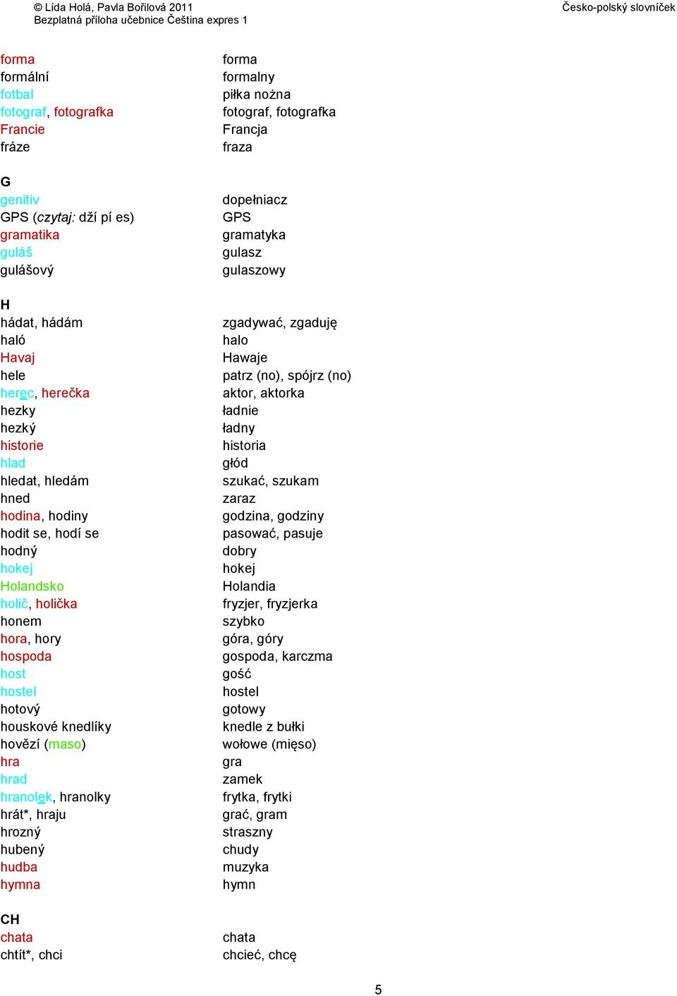 hrozný hubený hudba hymna CH chata chtít*, chci forma formalny piłka nożna fotograf, fotografka Francja fraza dopełniacz GPS gramatyka gulasz gulaszowy zgadywać, zgaduję halo Hawaje patrz (no),