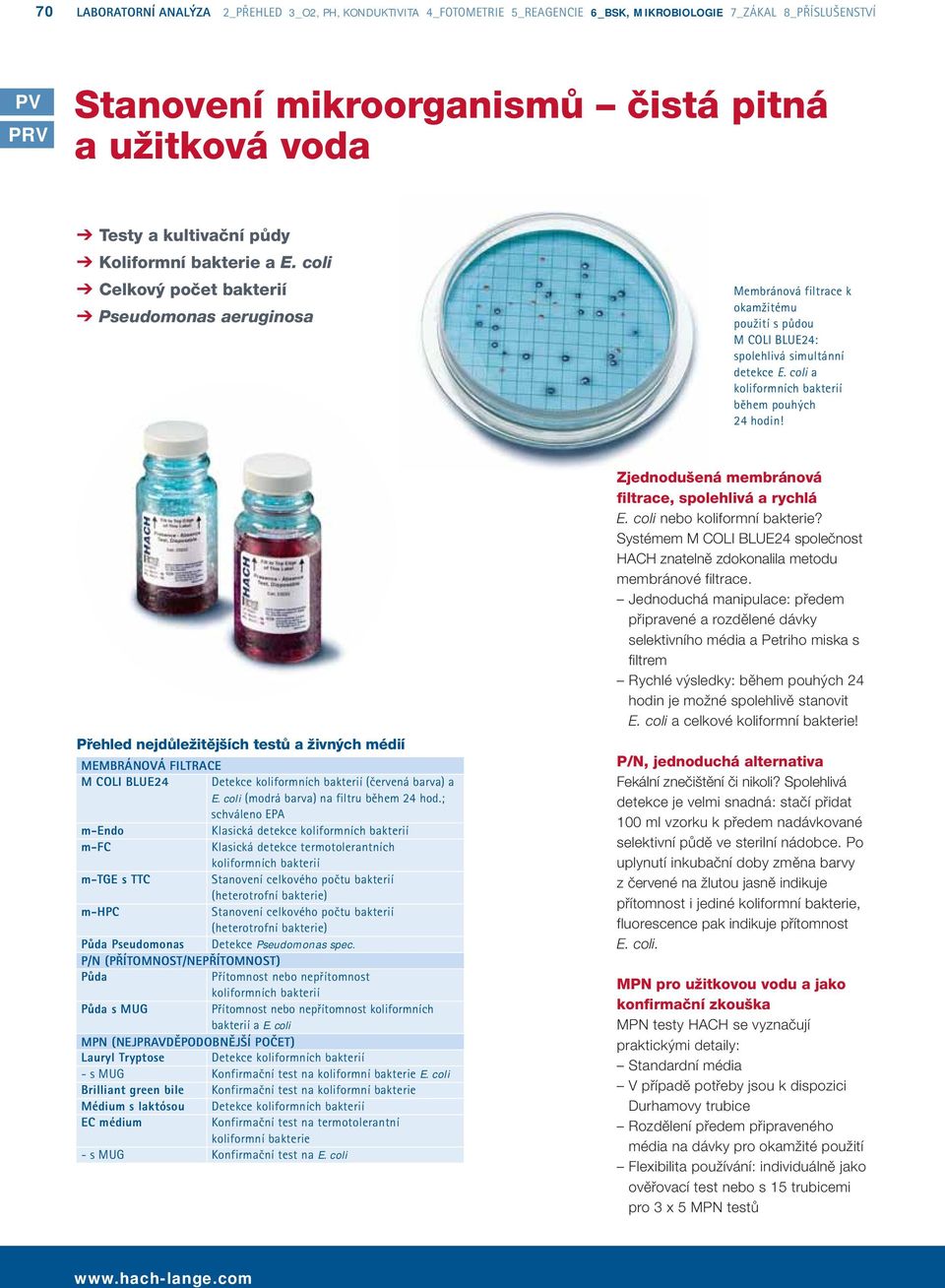 Přehled nejdůležitějších testů a živných médií MEMBRÁNÁ FILTRACE M COLI BLUE24 Detekce (červená barva) a E. coli (modrá barva) na filtru během 24 hod.