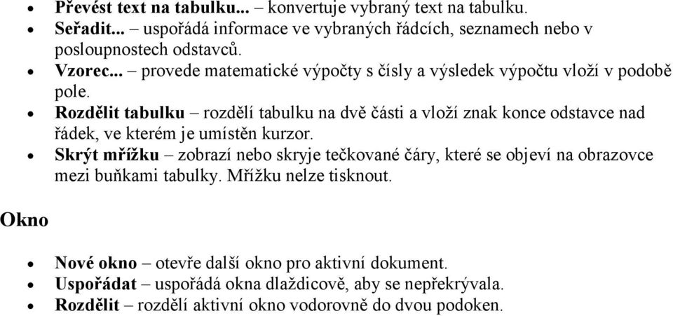 Rozdělit tabulku rozdělí tabulku na dvě části a vloží znak konce odstavce nad řádek, ve kterém je umístěn kurzor.