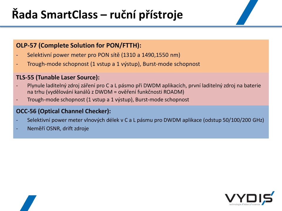 první laditelný zdroj na baterie na trhu (vydělování kanálů z DWDM = ověření funkčnosti ROADM) - Trough-mode schopnost (1 vstup a 1 výstup), Burst-mode