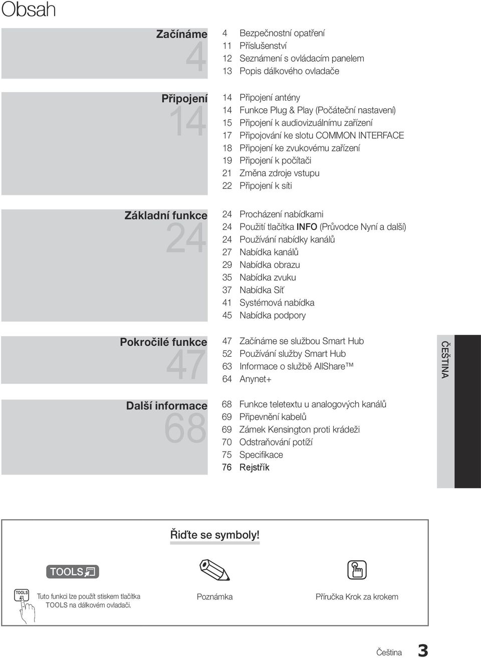 24 Procházení nabídkami 24 Použití tlačítka INFO (Průvodce Nyní a další) 24 Používání nabídky kanálů 27 Nabídka kanálů 29 Nabídka obrazu 35 Nabídka zvuku 37 Nabídka Síť 41 Systémová nabídka 45