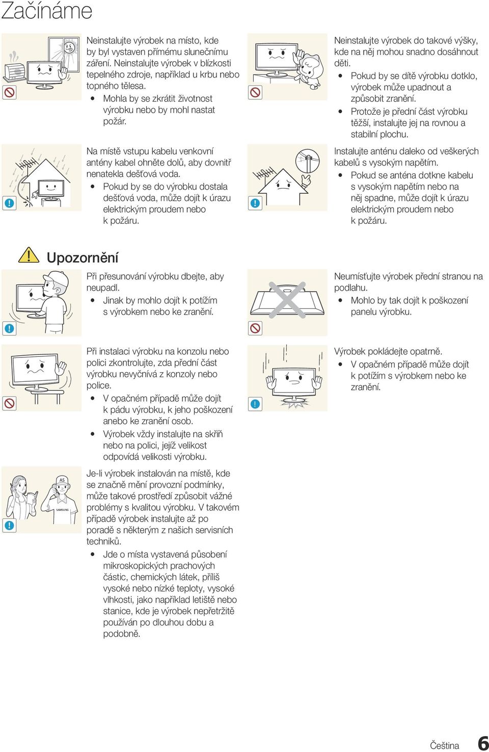 y Pokud by se dítě výrobku dotklo, výrobek může upadnout a způsobit zranění. y Protože je přední část výrobku těžší, instalujte jej na rovnou a stabilní plochu.