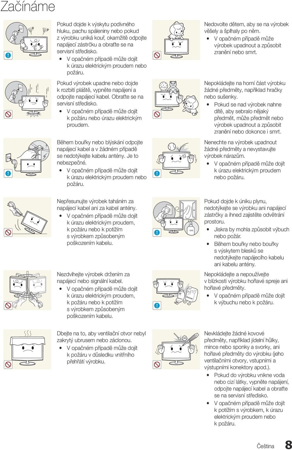 y V opačném případě může výrobek upadnout a způsobit zranění nebo smrt. Pokud výrobek upadne nebo dojde k rozbití pláště, vypněte napájení a odpojte napájecí kabel. Obraťte se na servisní středisko.