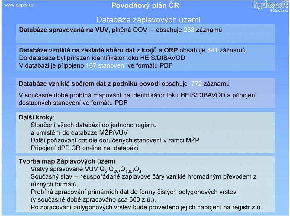 identifikátor toku HEIS/DIBAVOD a připojení dostupných stanovení ve formátu PDF Další kroky: Sloučení všech databází do jednoho registru a umístění do databáze MŽP/VUV Další pořizování dat dle