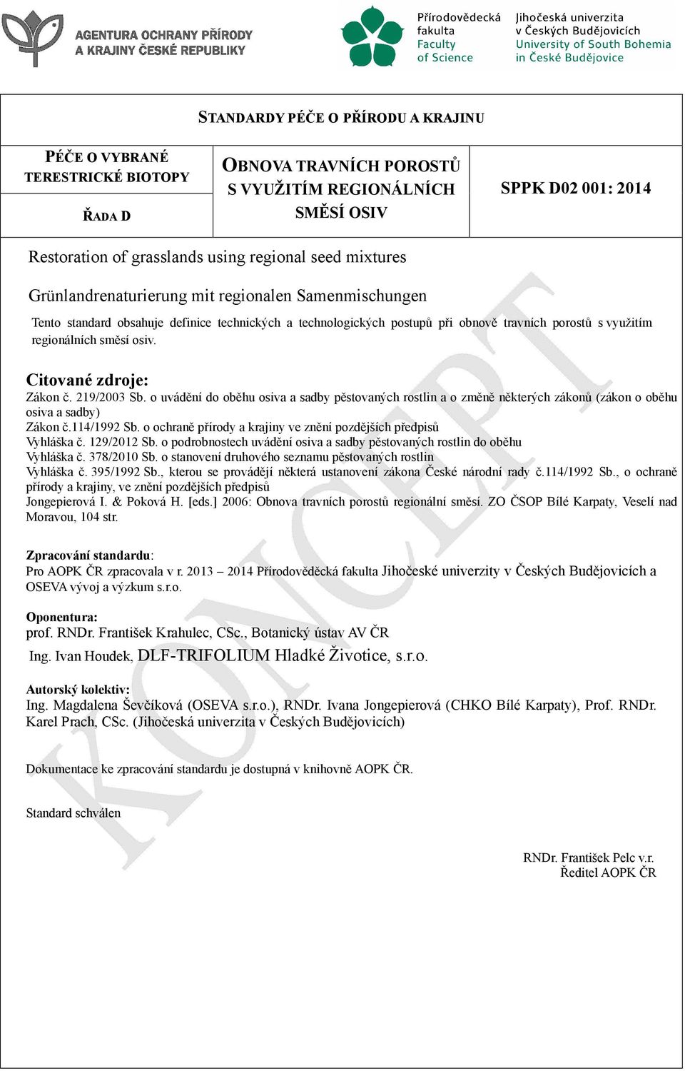 Citované zdroje: Zákon č. 219/2003 Sb. o uvádění do oběhu osiva a sadby pěstovaných rostlin a o změně některých zákonů (zákon o oběhu osiva a sadby) Zákon č.114/1992 Sb.