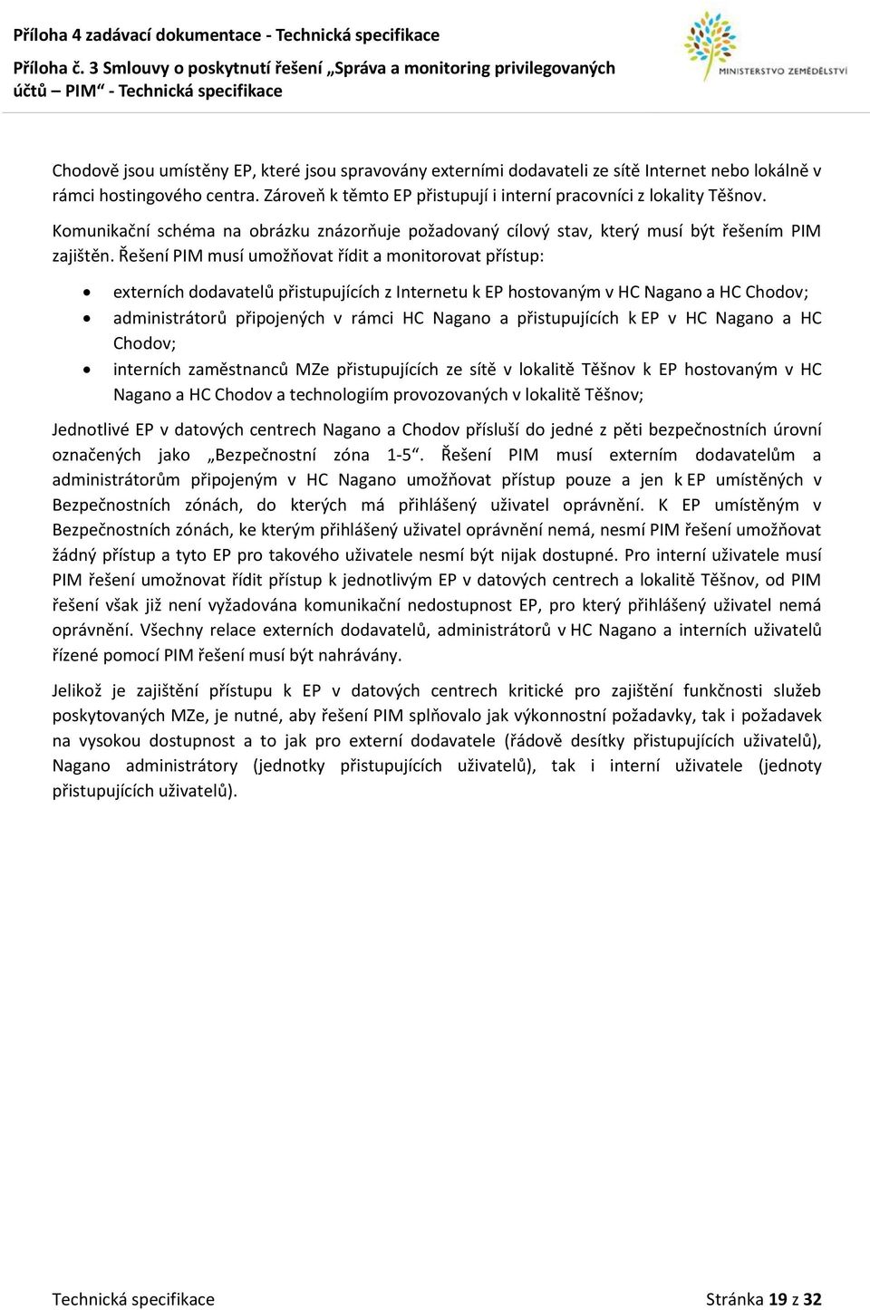 Řešení PIM musí umožňovat řídit a monitorovat přístup: externích dodavatelů přistupujících z Internetu k EP hostovaným v HC Nagano a HC Chodov; administrátorů připojených v rámci HC Nagano a