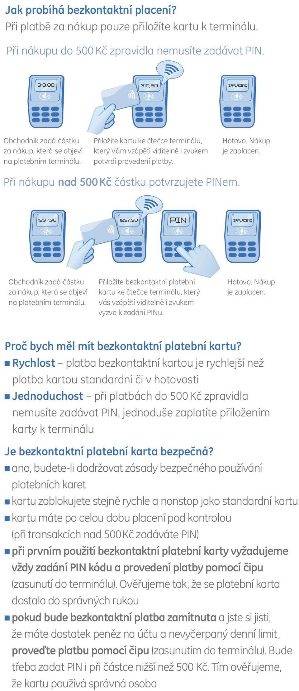 Nákup je zaplacen. Při nákupu nad 500 Kč částku potvrzujete PINem. 1237,30 1237,30 PIN Obchodník zadá částku za nákup, která se objeví na platebním terminálu.