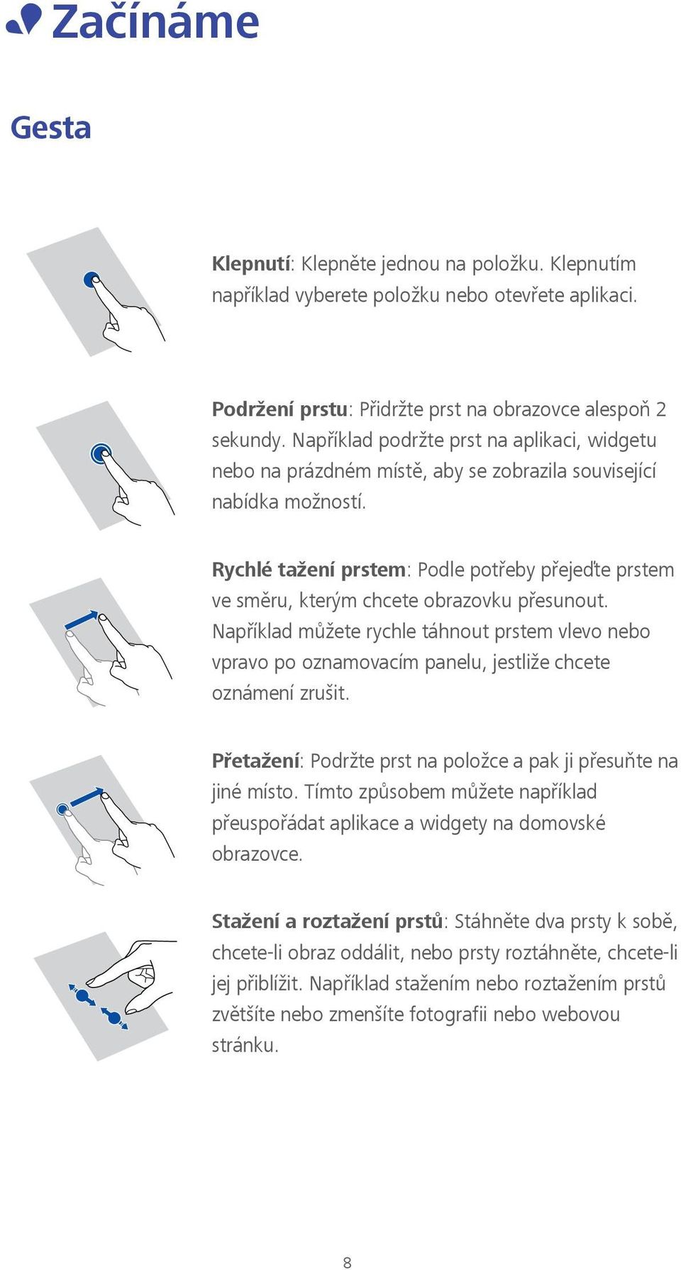 Rychlé tažení prstem: Podle potřeby přejeďte prstem ve směru, kterým chcete obrazovku přesunout.